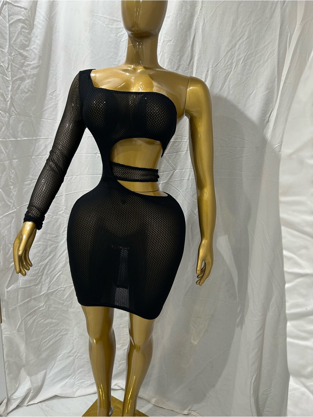 Naked Wardrobe Black Asymmetrical Fishnet Mini Dress